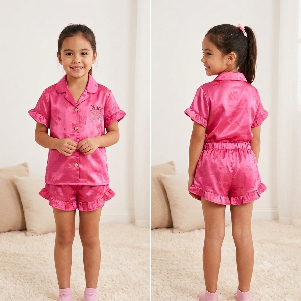 Juicy Couture Girls Pink Satin Pajama Set Scottie Dog Rhinestone 6/6X NEW